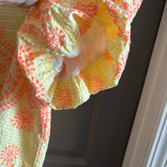 Lilly Pulitzer Lettie Eyelet Seersucker Top Yellow Neon Coral Puff Sleeves L - Picture 8 of 11
